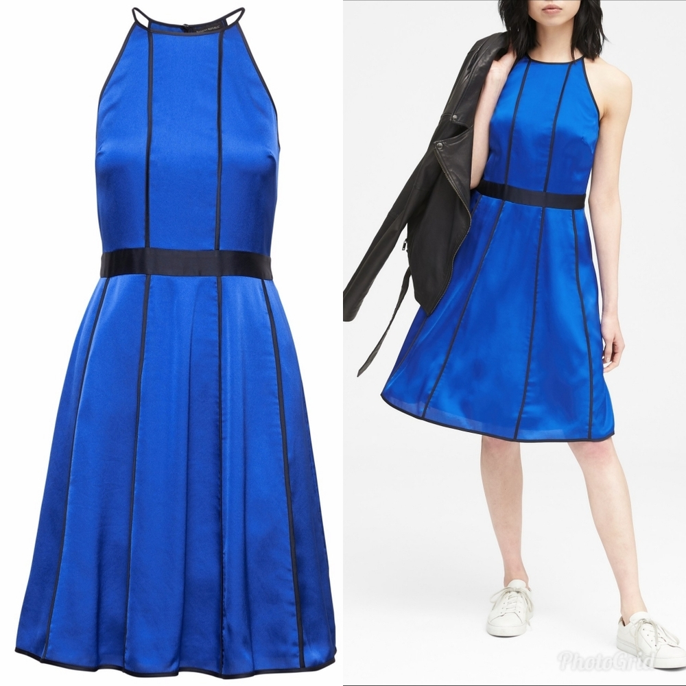 NWT Banana Republic RoyalBlue Paneled Fit & Flare Dress w/ Black Piping Size 4